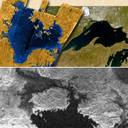 Сравнение в одном масштабе крупнейшего (из найденных на этот момент) моря на Титане (слева) и озера Верхнее в Северной Америке. Внизу – ещё одно море Титана, которое попало в кадр лишь своим краешком 