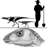 Реконструкция норного динозавра. Фигура поменьше - детёныш 