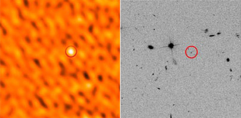 Эту группу галактик в оптическом диапазоне заметить практически невозможно. Слева она запечатлена на снимке, сделанном в субмиллиметровом диапазоне, справа — в оптическом