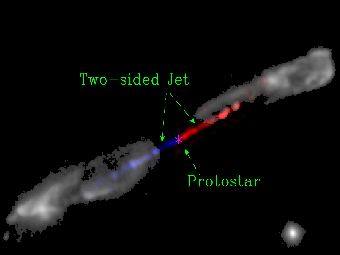  	Двухсторонний джет из объекта HH211. Изображение телескопов SMA и VLT