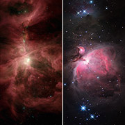Даже без тщательного рассмотрения на инфракрасном снимке (слева) можно разглядеть множество деталей, недоступных для фотографии в оптическом диапазоне (справа) (фото с сайта NASA/JPL-Caltech/S.T. Megeaty).